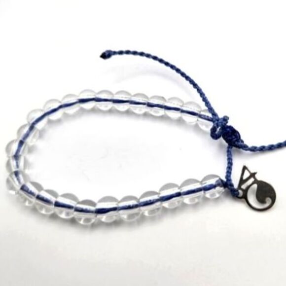 Clear Glass 6mm Beaded 4 Oceans Adjustable Bracelet Thin Blue Cord Handmade Bali - Picture 1 of 4
